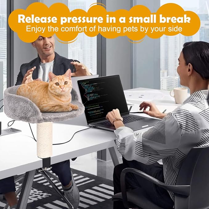 Cat Desk Bed with Scratching Pillar Plush Soft Padding Allow Your Lovely Cat Study and Work with You Up to 9 lb Load