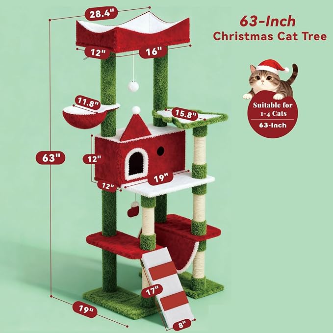 STILLCOVE 63" Large Christmas Cat Tree Tower Indoor: Tall Modern Cute Heavy Duty Cat Condo House with Scratching Post & Hammock for Maine Coon
