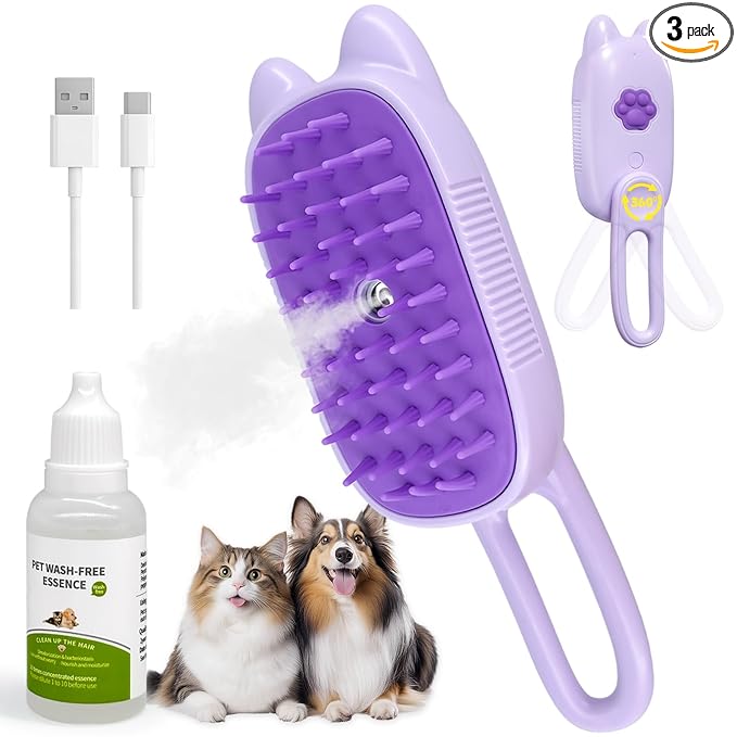 Pet Steam Brush for Dogs and Cats, Spritz Defur Comb 3 in 1 Pet Rechargeable Steam Brush Tool for Long and Short Haired Cats and Dogs, Anti-Static, Shedding, Detangling, Massage & Combing (Purple)