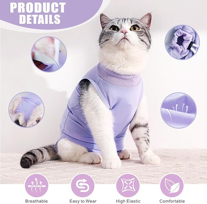 Idepet Cat Surgery Recovery Suit Kitten Onesie for Cats After Surgery Female Breathable Kitty Spay Suit for Abdominal Wound Skin Diseases E-Collar Alternative Wear(Purple,S)