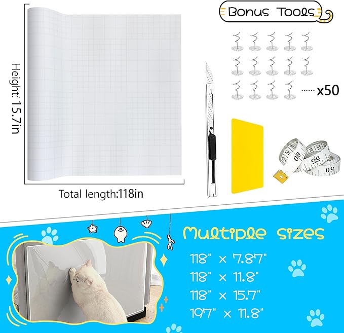 Anti Cat Scratch Furniture Protector, Couch Corner Protectors for Cats, Furniture Protectors from Cats Scratching, Walls, Doors with 50 Twist Pins (15.7" x 118")
