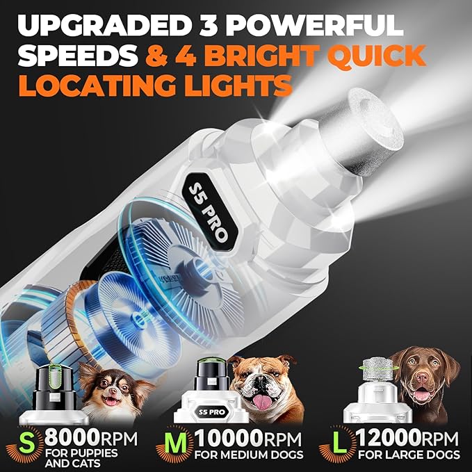 Whisper Quiet Dog Nail Grinder with 4 LED Lights, Safe & Stress-Free for Sensitive Dogs of All Breeds & Sizes, 3 Grinding Bits, 3-Speed, Pet Nail Trimmers, Rechargeable Painless Grooming Kit White