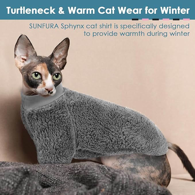 Sphynx Cat Sweater, Hairless Cats Turtleneck Pullover Kitten Sweaters for Cats Only, Warm and Soft Cat Pajamas Shirt with Sleeves Pet Winter Clothes Fleece Jumpsuit for Puppy, Grey L