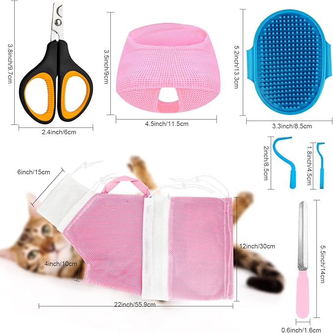 Cat Bathing Bag Adjustable Cat Grooming Net Bag Anti-bite & Anti-Scratch Cat Bath Washing Restraint Bag, Breathable Mesh Cat Grooming Bag for Shower, Nail Trimming, Injection