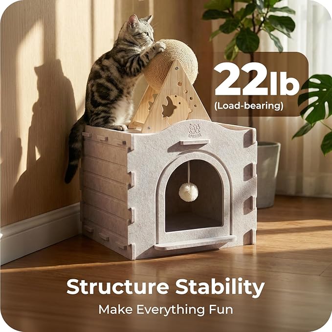 Cat Bed Cave for Indoor Cats: New Felt Cat Bed with Fluffy Ball Hanging, Foldable Cat House with Scratch-Resistant Board, Hideaway Cat Cave for Timid Cats, Sturdy Two-Tier Cat Condo - Gray