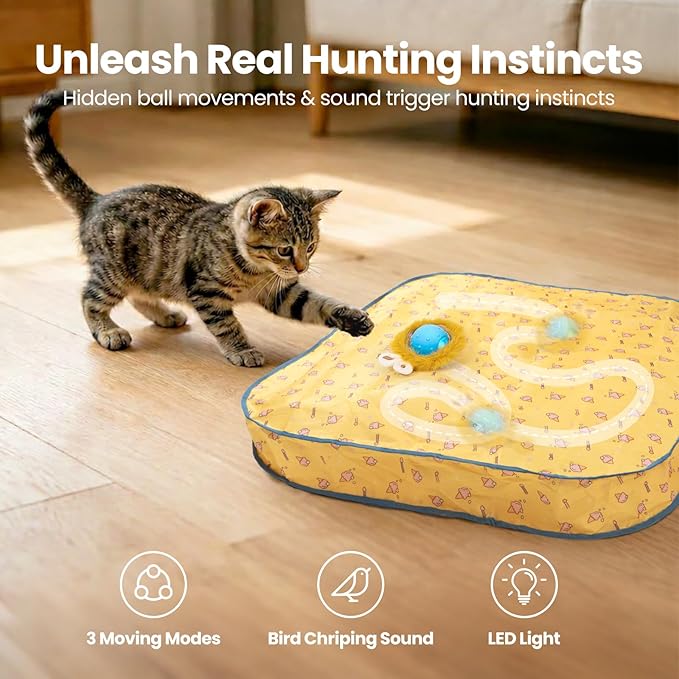 HGB Interactive Cat Toy for Indoor Cats, Automatic Moving Ball with Hunting Play Mat, Motion Activated Hide & Seek Cat Toy with Chirping Sound, Rechargeable Kitten Toys for Bored Indoor Cats