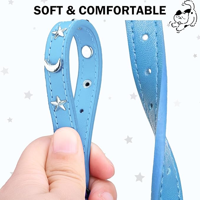 Leather Cat Collars for Boy Girl Cats with Bell and Safety Elastic Belt, Personalized Star and Moon Stud Adjustable Safe Buckle Collar for Kitty Small Big Cats Size 7-9 Inch, Light Blue