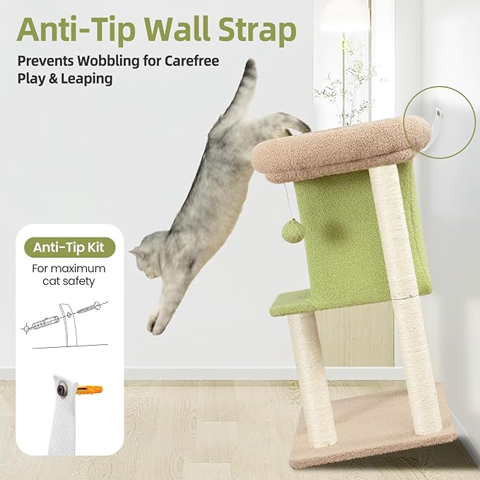 Cat Tree Tower Scratching Post for Indoor Large Cats, Small Cat Tree with Big Perch Bed, 28in Tall Trees House with Condo Cave, Toy Balls, Modern Climbing Furniture Platform for Kitten (Green)