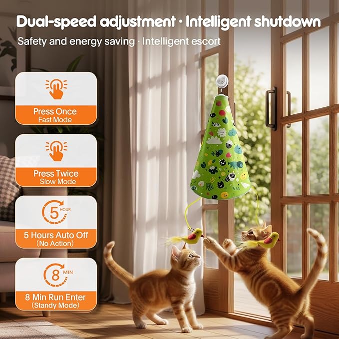 Interactive Cat Toys for Indoor Cats: 2 in 1 Automatic Hide and Seek Flying Bird Feather Wand Chirping Toy, Door Knob Moving Mouse Hunting Toys, Rechargeable Toys for Bored Kitten Adult Cats (Green)