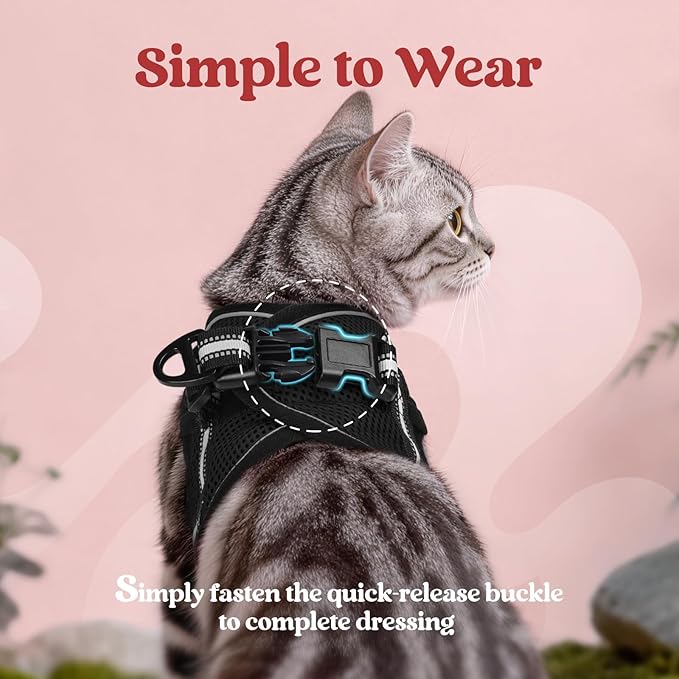 rabbitgoo Cat Harness and Leash Set for Walking Escape Proof, Adjustable Soft Kittens Vest with Reflective Strip for Cats, Comfortable Outdoor Vest, Black, XL