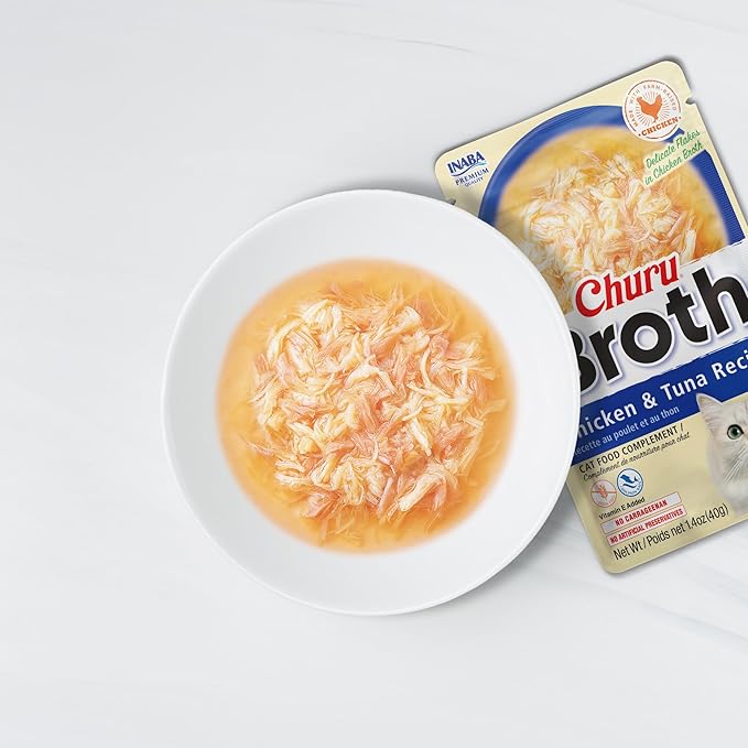 INABA Churu Broth for Cats, Side Dish Pouch, 1.4 Ounces per Pouch, 24 Pouches, Chicken & Seafood Variety