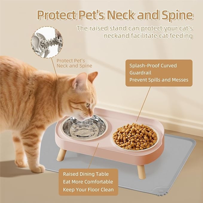 Raised Cat Feeder 2 Bowls in 1 Feeding & Watering Supplies 15° Raised Puppy 2 Stainless Steel Bowls Wood Stand Cats Accessories(Black)
