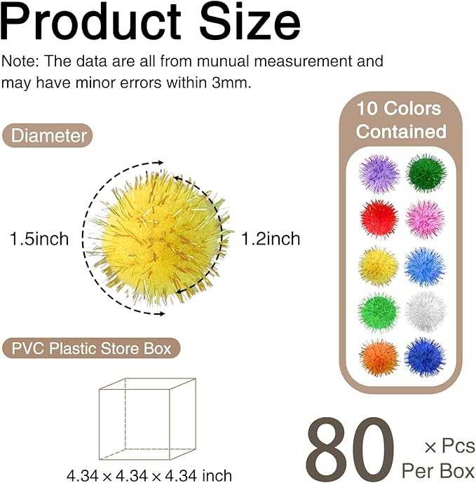 80 Pcs Sparkle Pom Pom Balls 1.5 Inch Cat Toy Chase Ball Interactive Glitter Tinsel Ball for Kitten Cat Favorite Gift Assorted Color