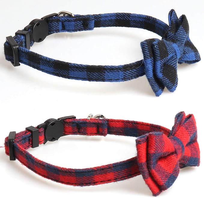 2 Pack/Set Cat Collar Breakaway with Cute Bow Tie and Bell for Kitty and Some Puppies, Adjustable from 7.8-10.5 Inch