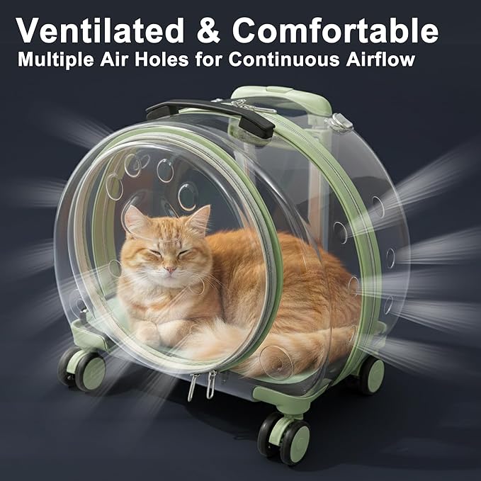 Hard Shell Cat Carrier with Wheels, Rolling Cat Travel Carrier with Telescoping Handle, Transparent Pet Carrier for Cats (Green)
