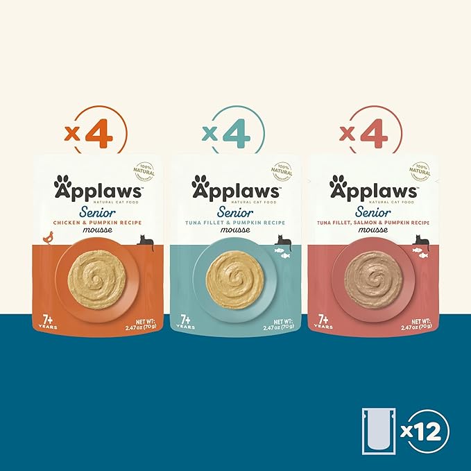 Applaws Senior Natural Wet Cat Food in Mousse, Limited and Natural Ingredients, High Protein with No Artificial Additives, Variety Selection (12 x 2.47oz Pouches)