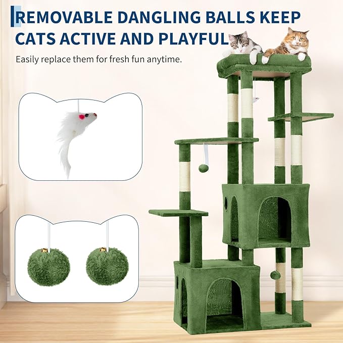 61.4 Inch Cat Tree, Large Cat Tower with Sisal Scratching Posts, 2 Spacious Cat Beds, Hanging Ball & Top Perch, Ideal for Large Indoor Adult Cats, Green