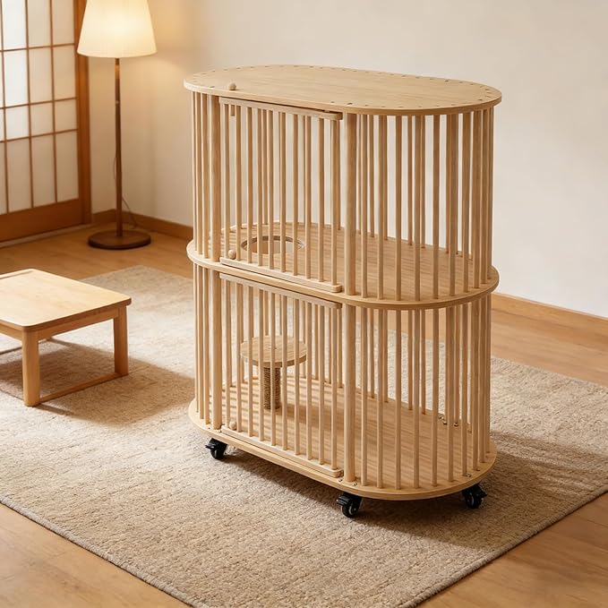Wooden Cat House, 2 Tier Large Indoor Cat Bed with Scratching Posts, Modern Cat Cage with 6 Wheels, Multi-Level Cozy Pet Furniture for Homes, Pet Stores, Catteries,Balconies