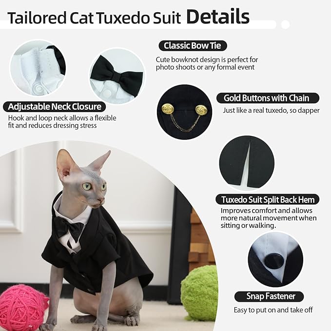 QBLEEV Cat Tuxedo Outfit, Formal Cat Suit Costume with Bow Tie, Sphynx Hairless Clothes for Cats Only, Kitten Wedding Birthday Party Attire Apparel for Male Boy, Cute Small Pet Gentleman Formal Wear