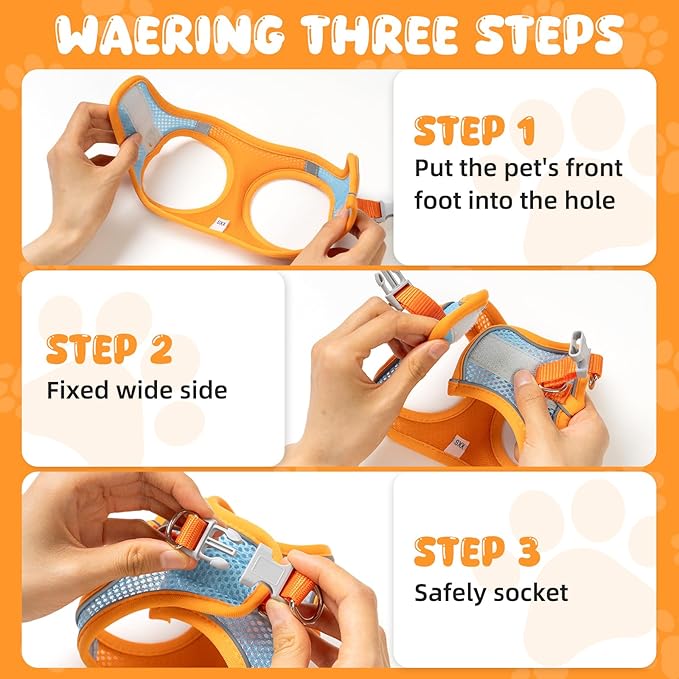 Cat Harness and Leash Set - Adjustable Soft Vest, Reflective Step-in Design for Safe Walking (XXS, Orange/Blue)
