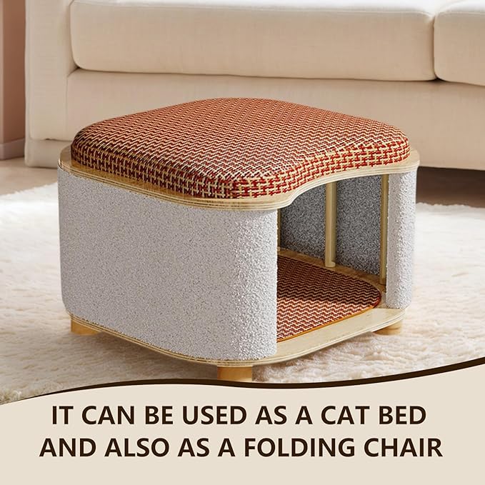Multi-Functional Wooden Cat Cabinet, Cat Bed with Scratch Pad & Rattan Cushion, Hidden Cat Cave & Ottoman Stool
