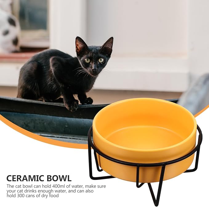 PRETYZOOM Ceramic Pet Feeder Bowl with Elevated Black Iron Stand, 14cm Yellow Cat and Dog Bowl for Spine Protection, Raised Feeding and Watering Dish for Small Pets