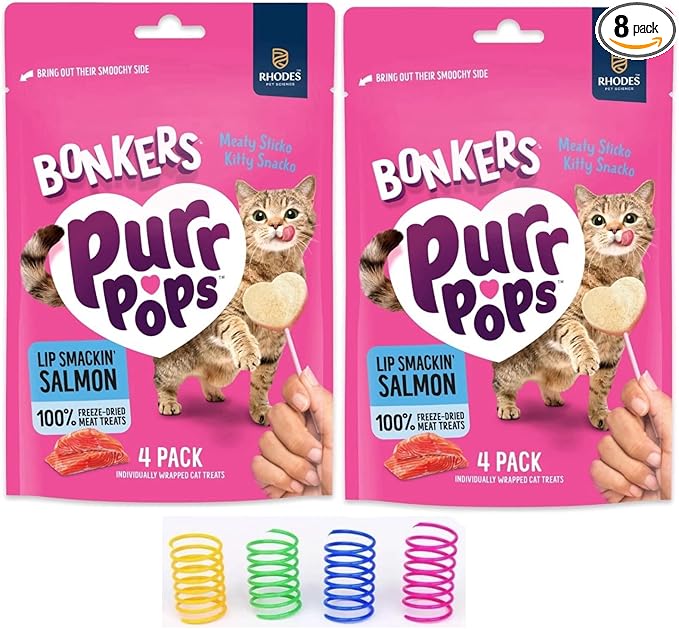 Bonkers Purrpops, Freeze Dried Salmon Flavored Lollipop Cat Treats, for All Breeds and Ages 8 Pieces (2 Packs) with Cat Spring Toys