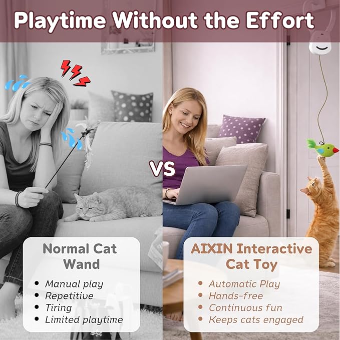 AIXINPET Interactive Cat Toys for Indoor Cats - 2 Motion Modes (360° Spin & Irregular Jumping), with Bird&Mouse attachments, USB Rechargeable Door Hanging Toy - for Kittens Adult Multi-Cats Households