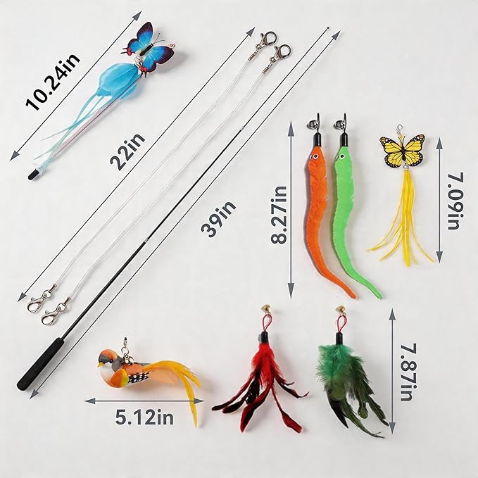 11PCS Feather Cat Toy Set, Interactive Cat Teaser Wand for Indoor Cats, 39in Cat Fishing Pole & 18.5in Telescopic Wand, 6 Feather Refills & 1 Bird Toy, Kitten Exercise Boredom Relief