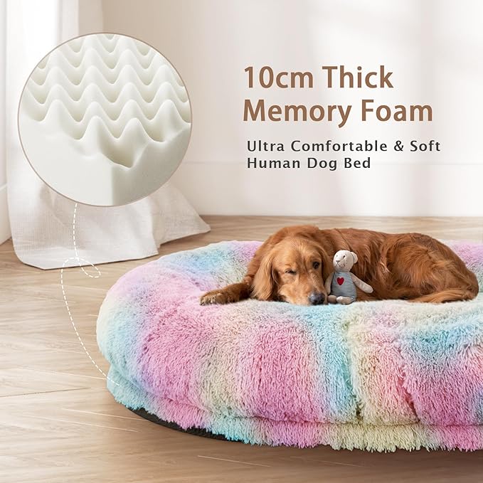 ROOMTEC Human Dog Bed, 71''x45''x12'' Size Fits Adult and Pet Washable Giant People Bed 10 CM Thick Memory Foam Large Oversize Pet Bed with Plump Pillow, Blanket, Strap - Rainbow