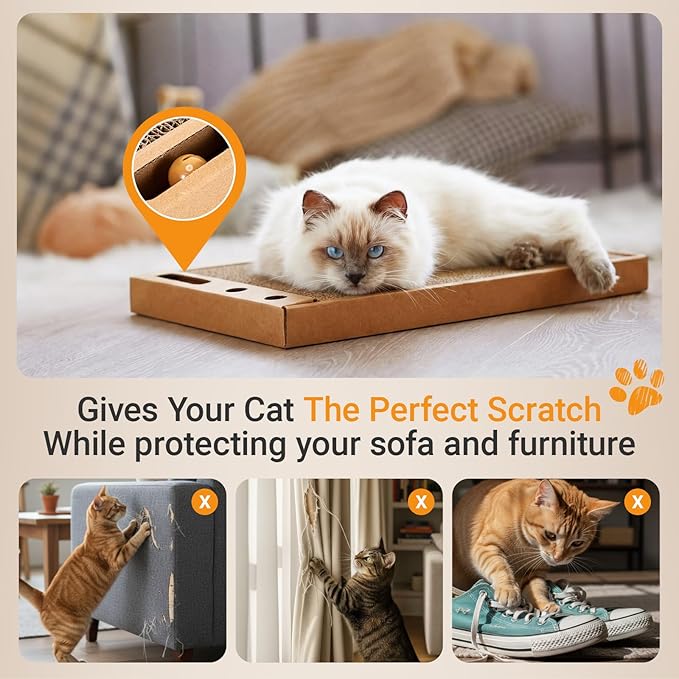 Novabright 6 Pcs Cat Scratching Board with Bell Reversible Cardboard Scratcher Wide Cat Scratch Pads Ball Durable Corrugated Scratch Box Bed for Indoor Kitten Playing Rest Sleep and Protect Furniture