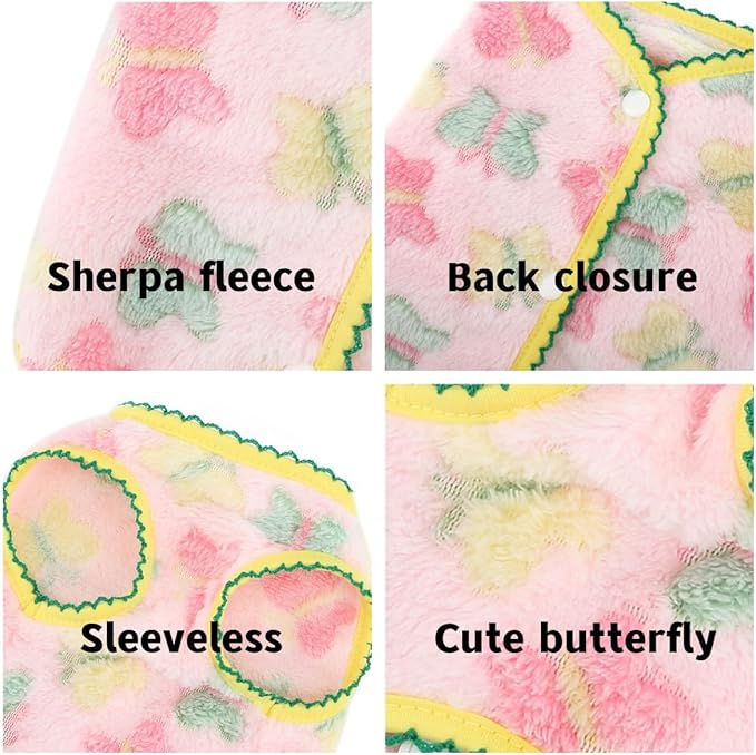 Cute Jacquard Butterflies Pet Fleece Vest for Small Dog Puppy Sleeveless Sweater Back Button Down Yorkie Chihuahua Fall Winter Clothes Cat Clothing,Pink,L