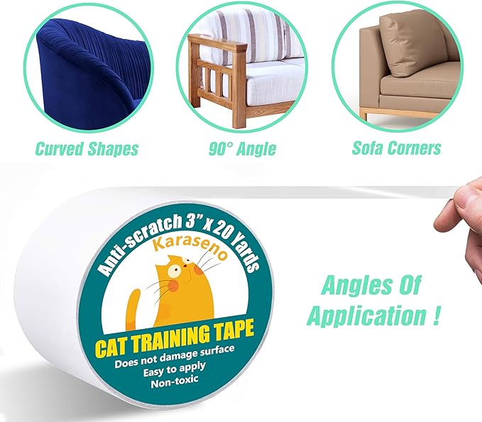 Karaseno Anti Cat Scratch Tape: 3 inches x 20 Yards Cat Training Tape, 100% Transparent Clear Double Sided Deterrent Tape Furniture Protector