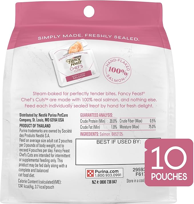 Purina Fancy Feast Purely Hand-Flaked Salmon Cat Treats, Real Fish, Tender Texture, 10 Count Pouch