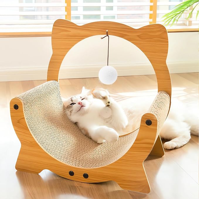 Upgrade 2 in 1 Cat Scratcher Board, Lounger and Fun Interactive Scratch Pad, Heavy Duty Corrugated Cat Scratching Pad for Indoor Cats of Small Medium Size (Yellow)