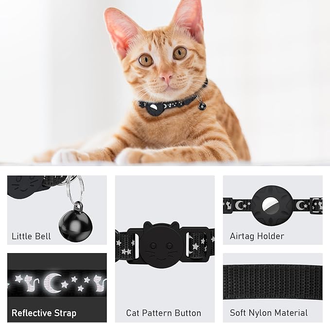 Simket Airtag Cat Collar Breakaway, Cat Collar for AirTag, Refective Kitten Collar with Bell and Apple Air Tag Holder for Girl Boy Cats, 0.4 Inches in Width and Lightweight (Black)