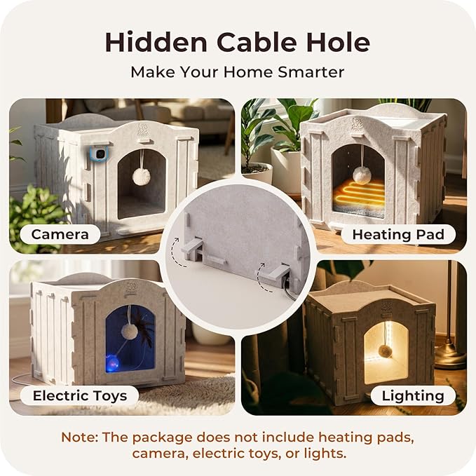 Cat Bed Cave for Indoor Cats: New Felt Cat Bed with Fluffy Ball, Foldable Cat House with Scratch-Resistant Board, Hideaway Cat Cave for Timid Cats, Sturdy Two-Tier Cat Condo & Cat Houses