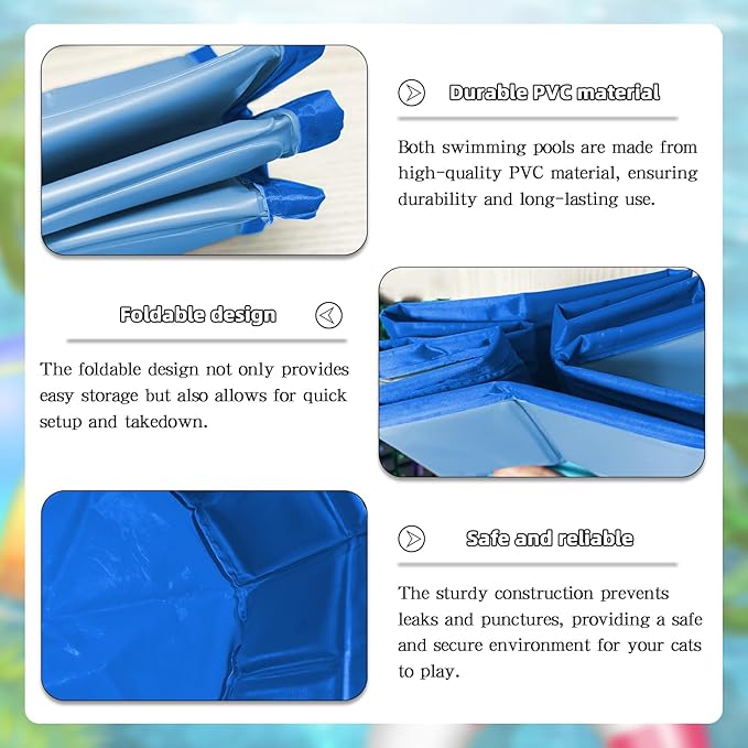 2 pcs Cat Pool Toys with 5 pcs Swimming Toys, VEINARDYL Foldable PVC Cat Splash Play Pool Water Mat Funny Interactive Cats Fish Toy Swimming Pool for Indoor Bored Cats to Self Play