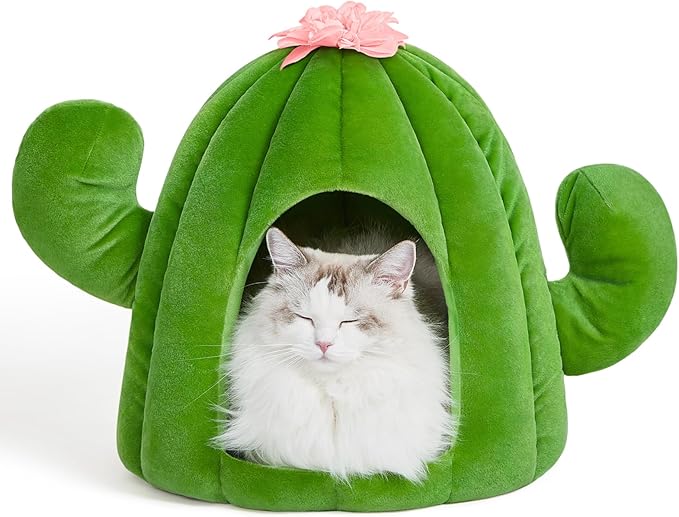 VETRESKA Cactus Cat Beds for Indoor Cats - Warm Cat House Pet Bed for Large Cat or Small Dog, Animal Cave Cat Tent Kitten Bed with Removable Washable Cushion