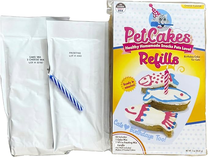 PetCakes Birthday Treat Mix Refills for Cats - Make Healthy Cakes - Includes 1 Cake Mix, 1 Frosting & Candle, Cheese Flavor - Net Wt. 3oz