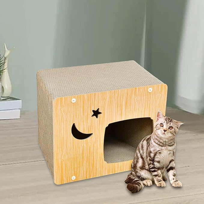 Cat Scratcher House Cat Scratching Board, Wear Resistant Corrugated Paper Grinding Claw Cat Nest Bed Hideout for Indoor Cats Kitten Play, Light Brown, M