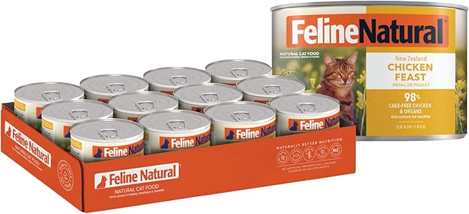 Feline Natural New Zealand Canned Catfood Wet Food, High-Meat, Low-Carb, & Grain Free Cat Food Wet, Chicken Feast, 6 oz, Pack of 12