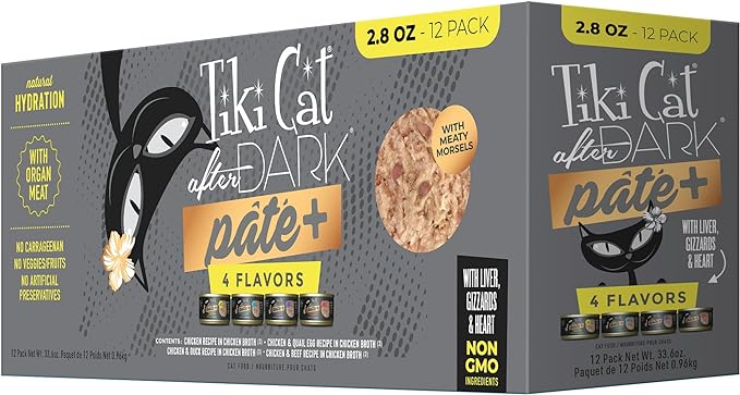 Tiki Cat After Dark Pate+ Wet Cat Food, Variety Pack, 2.8 oz. Cans (Pack of 12)