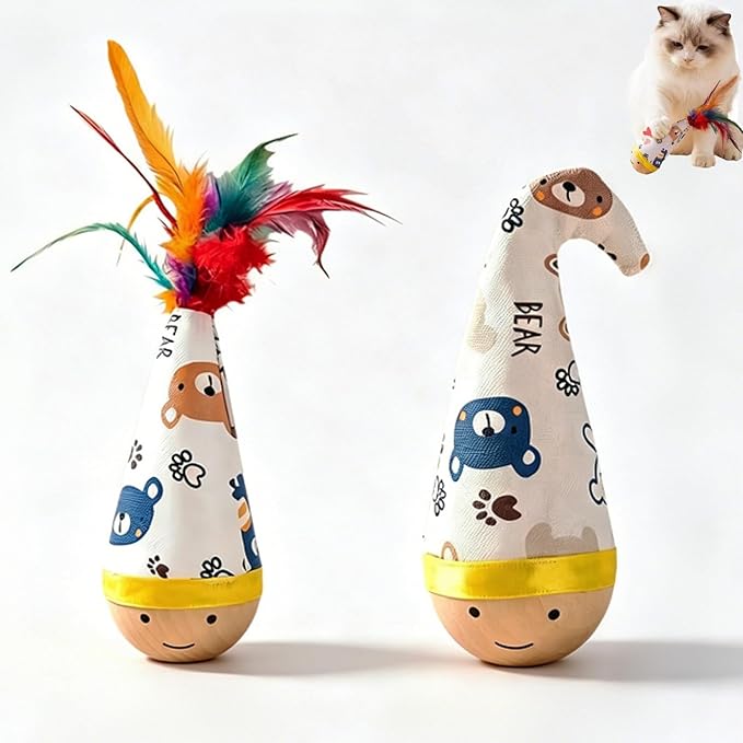 Wooden Interactive Cat Toy, 2 Pack Tumbler Wobble Toy for Indoor Cats and Small Dogs, Self-Righting with Colorful Feathers