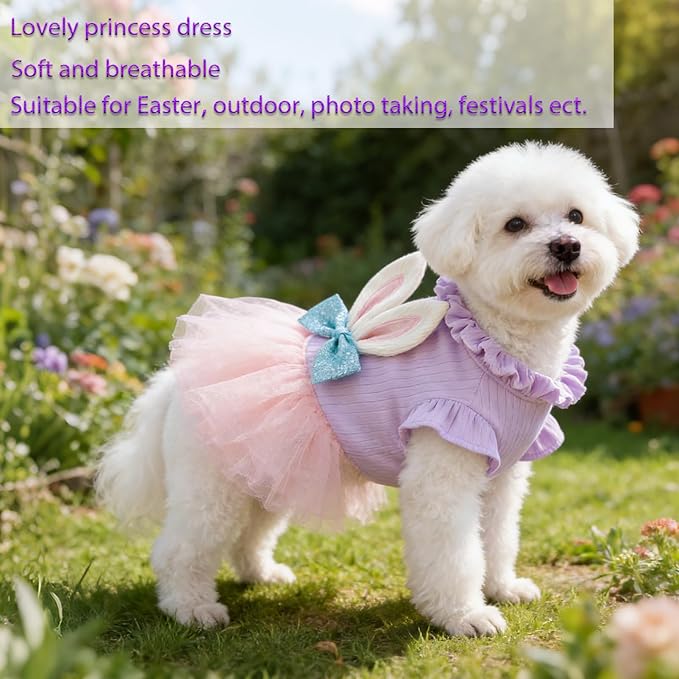 Dog Easter Bunny Ears Dress, Cute Bowknot Cat Tutu, Mesh Skirt for Princess Pet, Cosplay Clothing for Puppy, Kitten Cats, Small and Medium Dogs (X-Small)