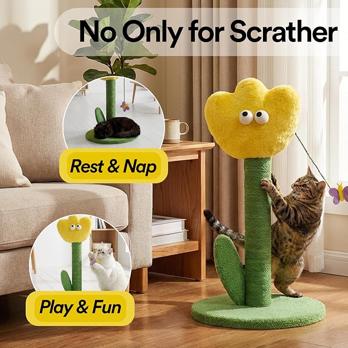 ZEZE Tulip Cat Scratching Post – Flower-Themed Cat Tree for Kittens & Adult Cats, Durable Sisal Rope Tower, Decorative Pet Furniture, Cute Home Design, Furniture Protection (Yellow)