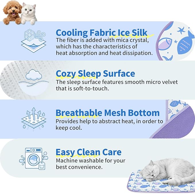 NWK Pet Cooling Mat -Q-Max>0.345 Ice Silk Cooling Mat for Dogs & Cats Portable & Washable Pet Cooling Blanket, Car Seats, Beds for Summer (Purple Fish, 27'' X 20'' X 0.3'')