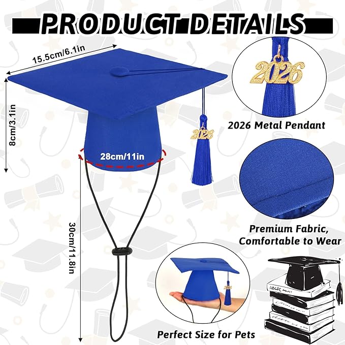 JULMELON Pet Graduation Caps with 2026 Blue Tassels, Dog and Cats Graduation Blue Hats Adjustable Mini Graduation Caps for AKC Graduation Photo Props Holiday Costume Accessories