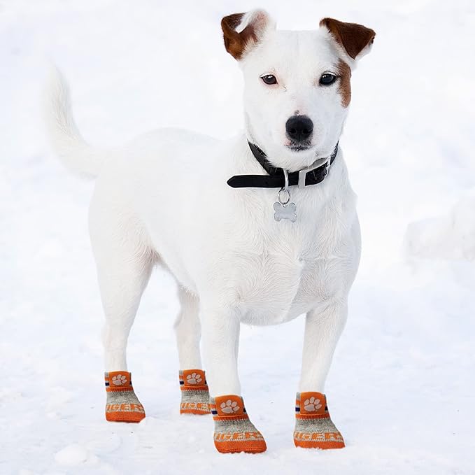 NCAA Clemson Tigers Anti Slip Dog Socks with Elastic Ribbed Top, Size X-Small/Small. Indoor/Outdoor Socks, Best Dog Paw Protector, 2 Pairs of Pet Socks with Your Favorite Collegiate Sports Team