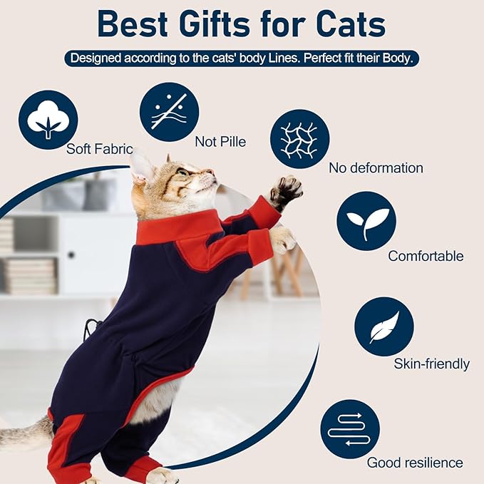 Cat Pajamas for Cats Only, Sticky Hair Cat Clothes, Long Sleeve Sphynx Clothes, Anti-Licking or Skin Disease Recovery Suit for Female Cats, Kitten Onesie Pajamas, DarkBlue, 2XL